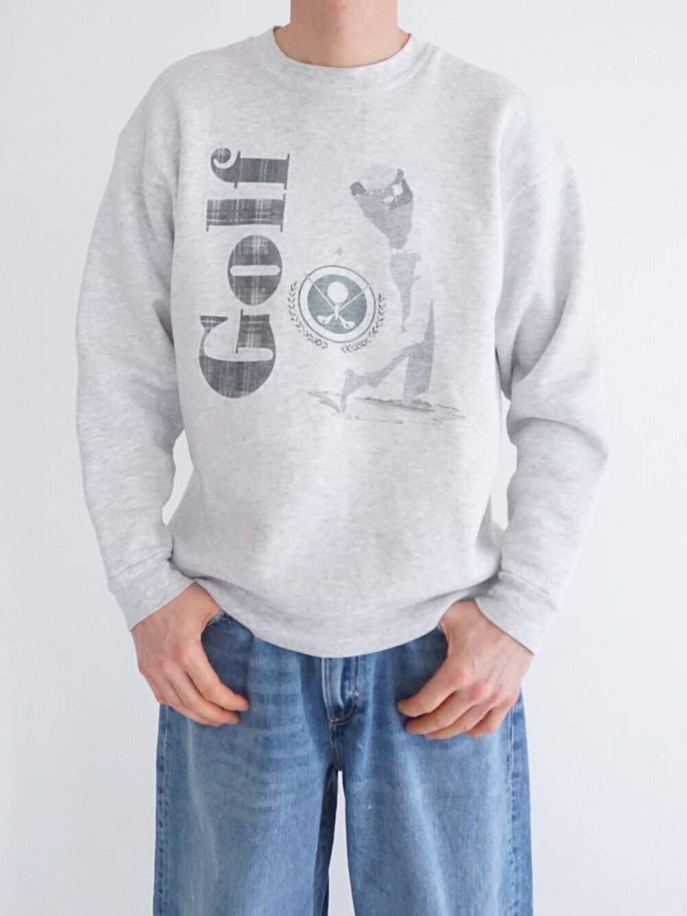 Vintage Oneita Grey Golf Plaid Golfer Sports Graphic Cotton Blend Sweatshirt L